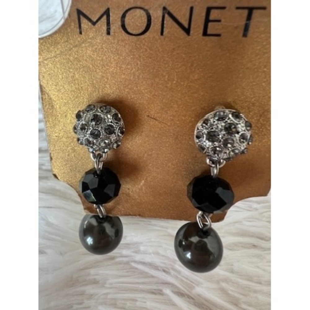 Monet Drop Earrings Black Silver Rhinestone Dangle Crystal Pearl Art Deco Glam - Picture 10 of 13